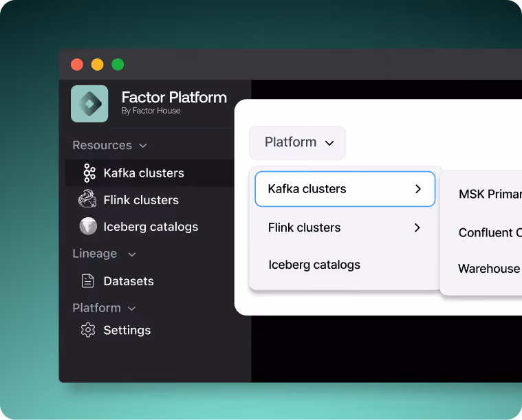 Factor Platform interface showing Kafka and Flink resources managed from a single screen