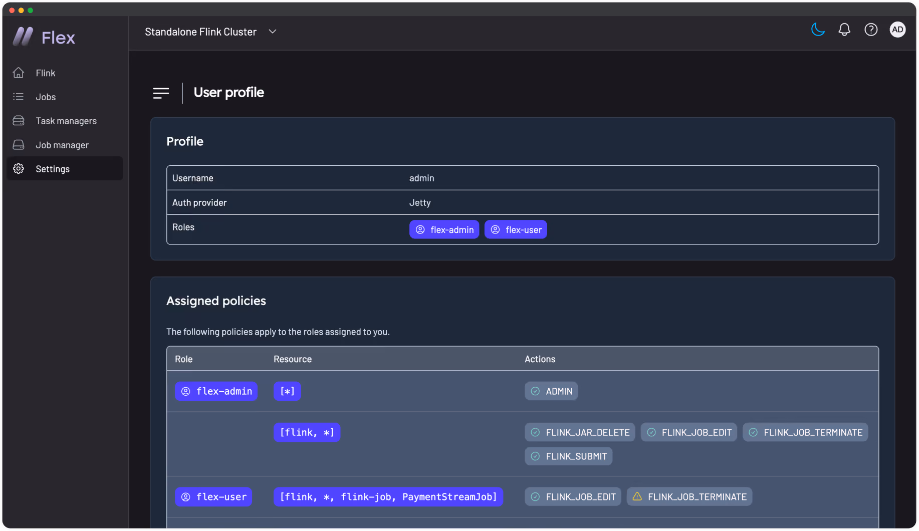 Flex view showing RBAC and audit logs