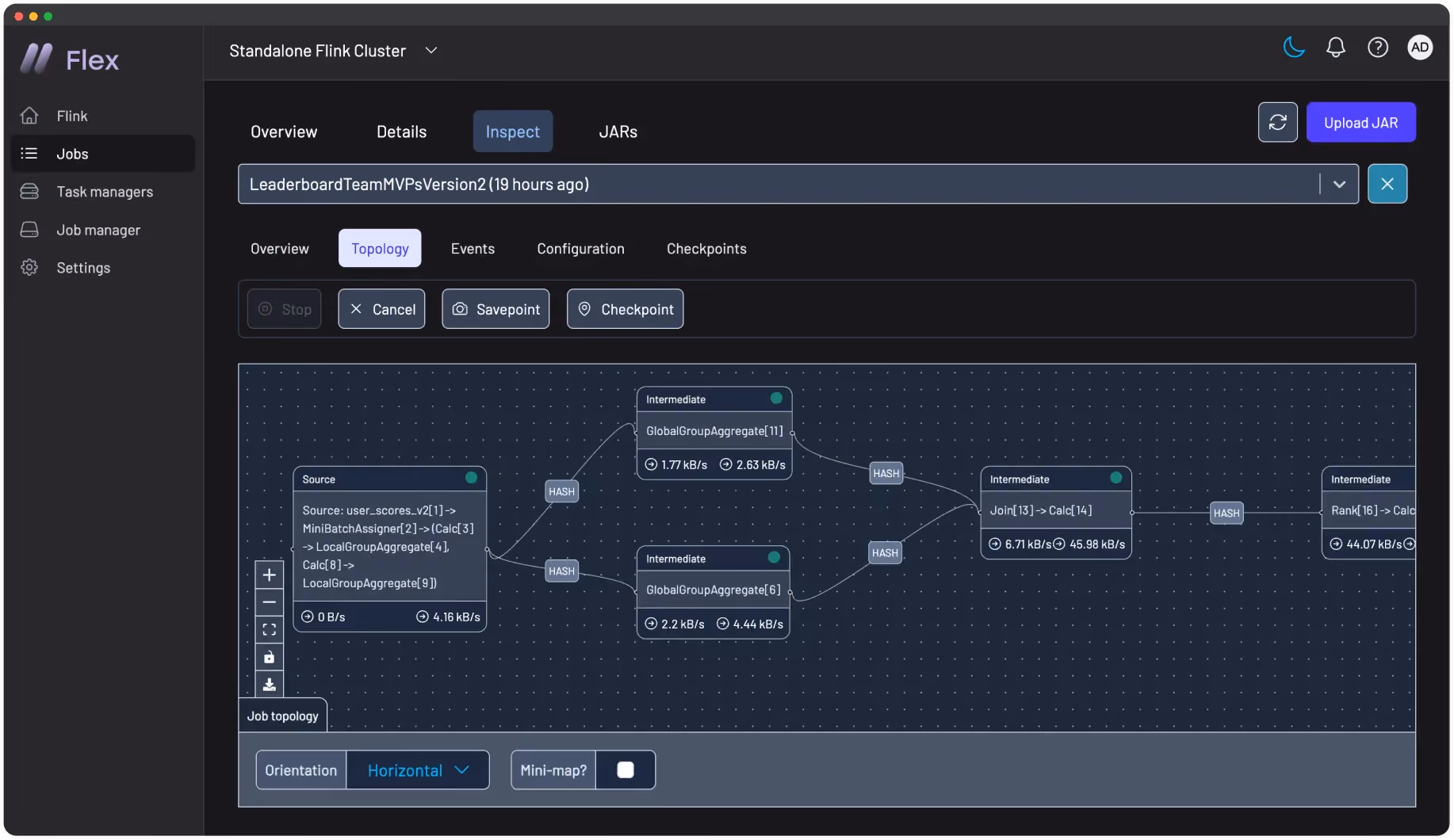 Flex view showing task-level debugging and thread dumps
