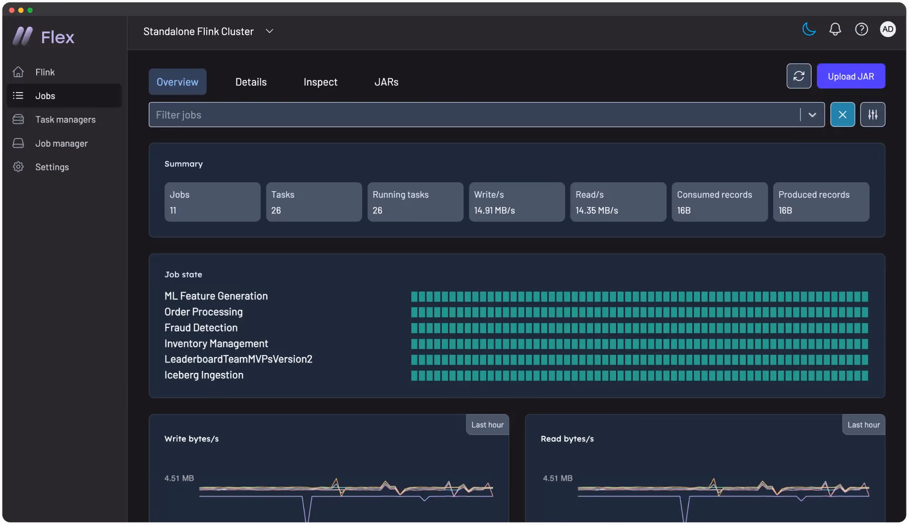 Flex UI showing Apache Flink job status, checkpoints, and resource usage