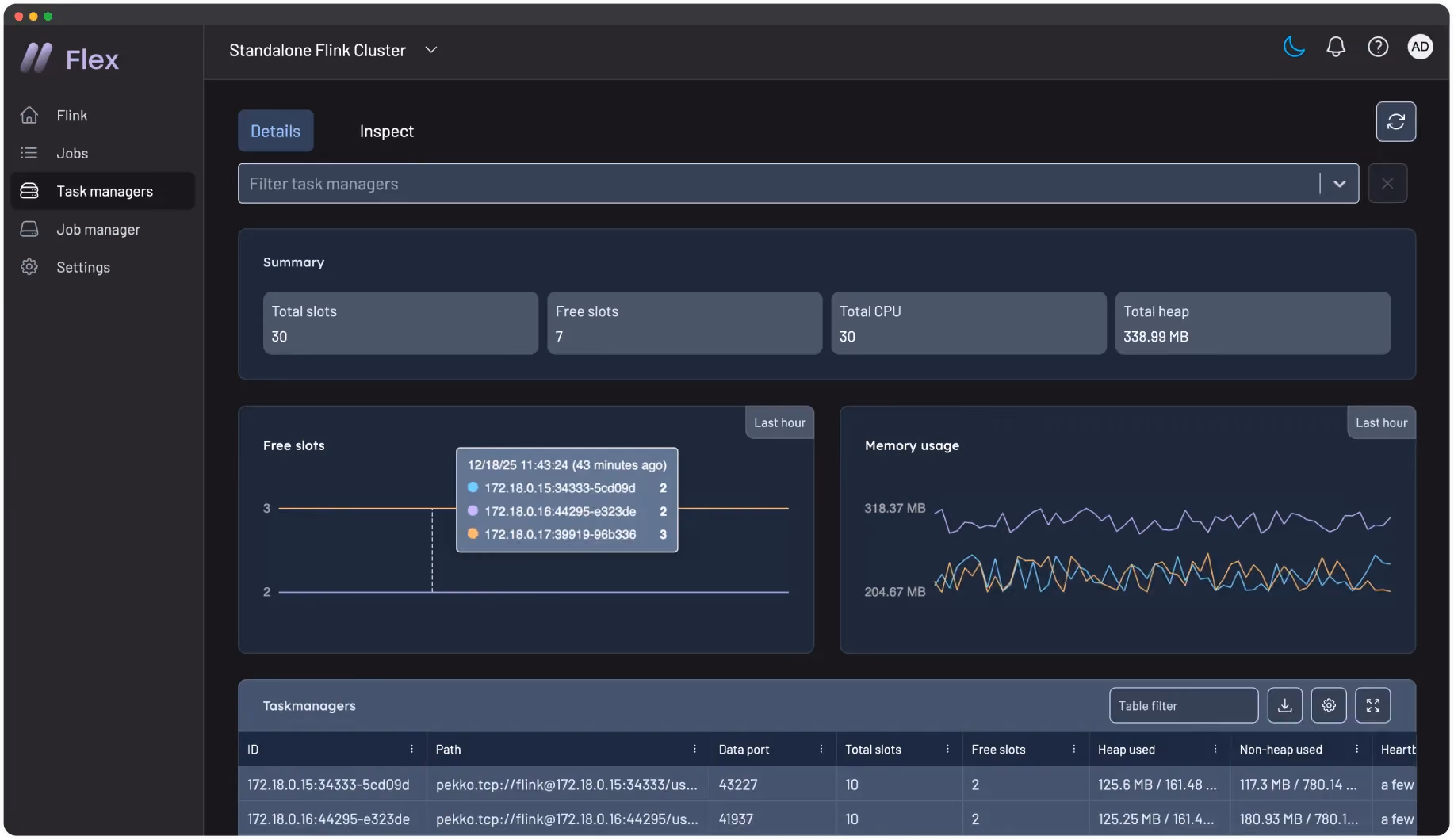 Flex view showing Flink job lifecycle management