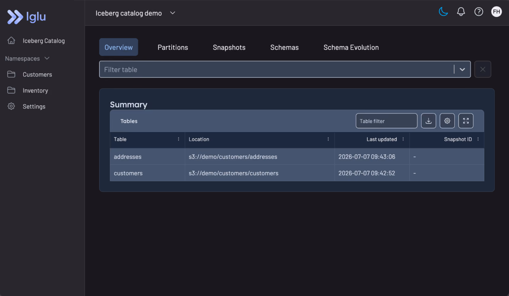 Iglu UI showing Iceberg table snapshots, schema history, and maintenance status
