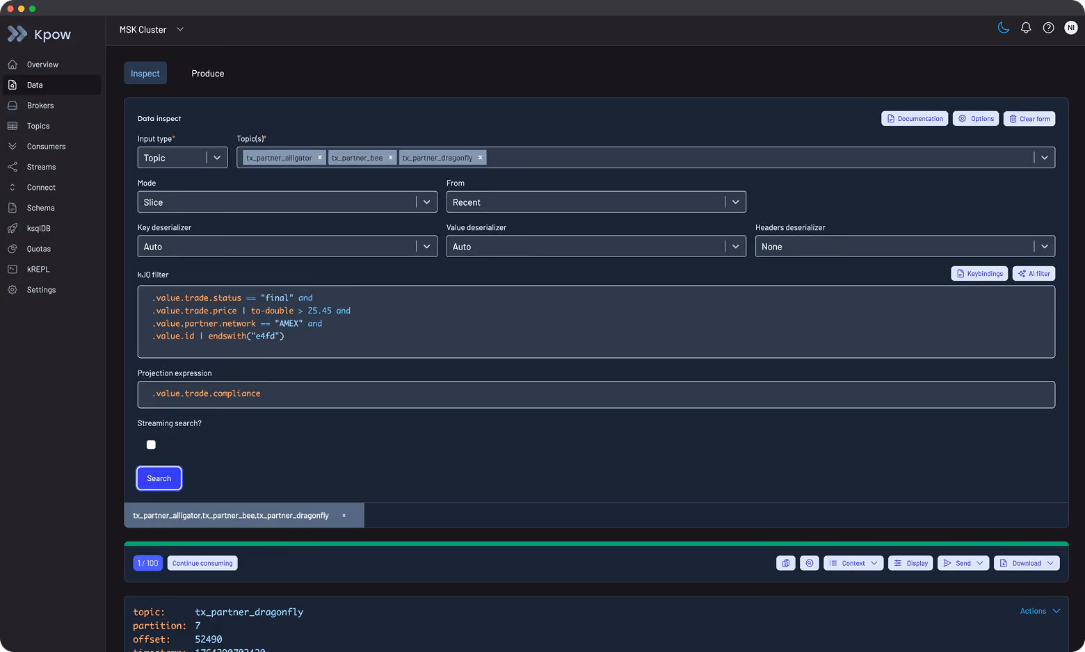 Kpow UI showing real-time Kafka cluster health, consumer lag, and topic inspection
