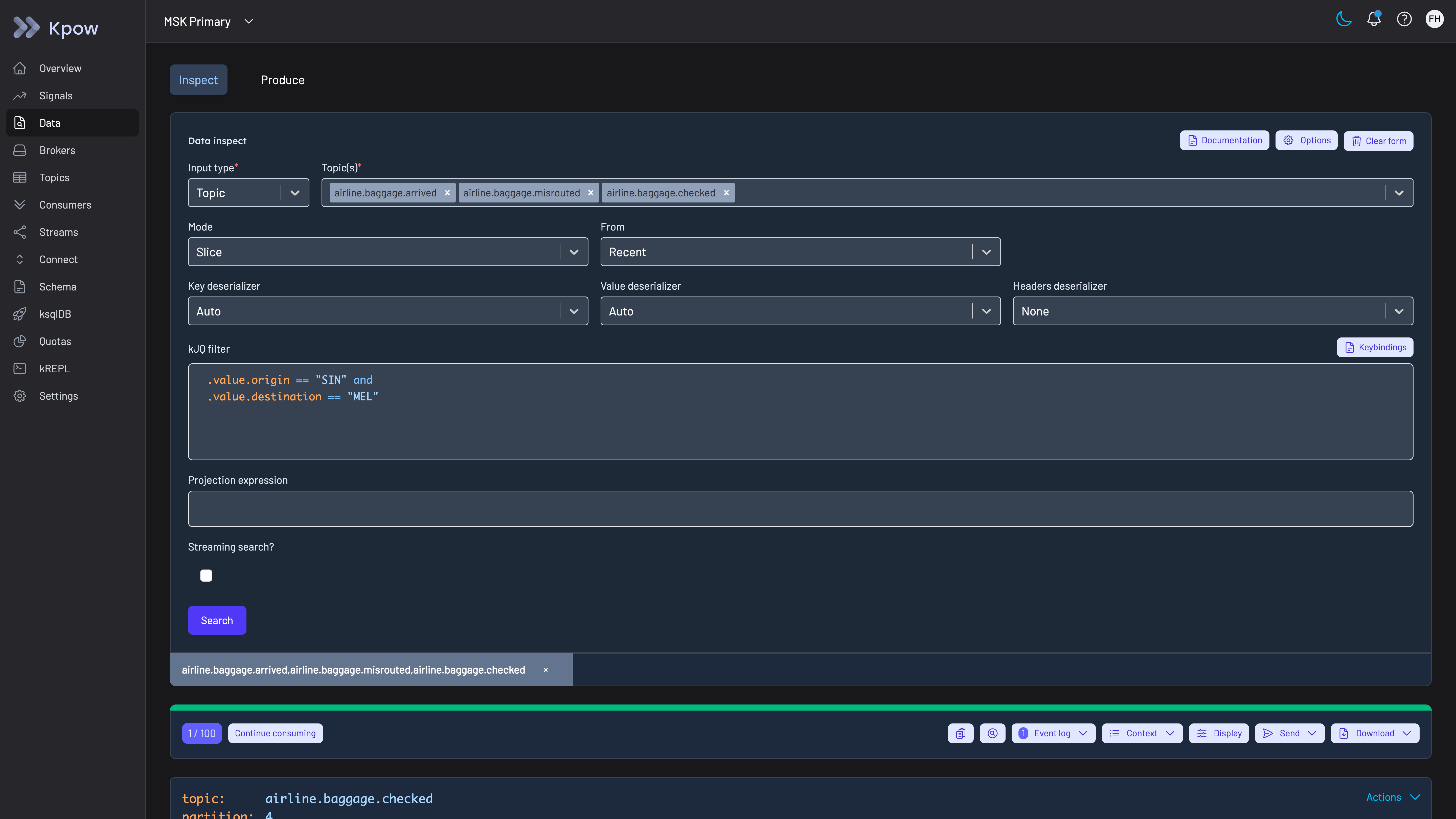 Kpow Data Inspect on the MSK Primary demo cluster with three topics selected and a kJQ filter matching messages on two value fields, the way an engineer would filter order topics on one order ID