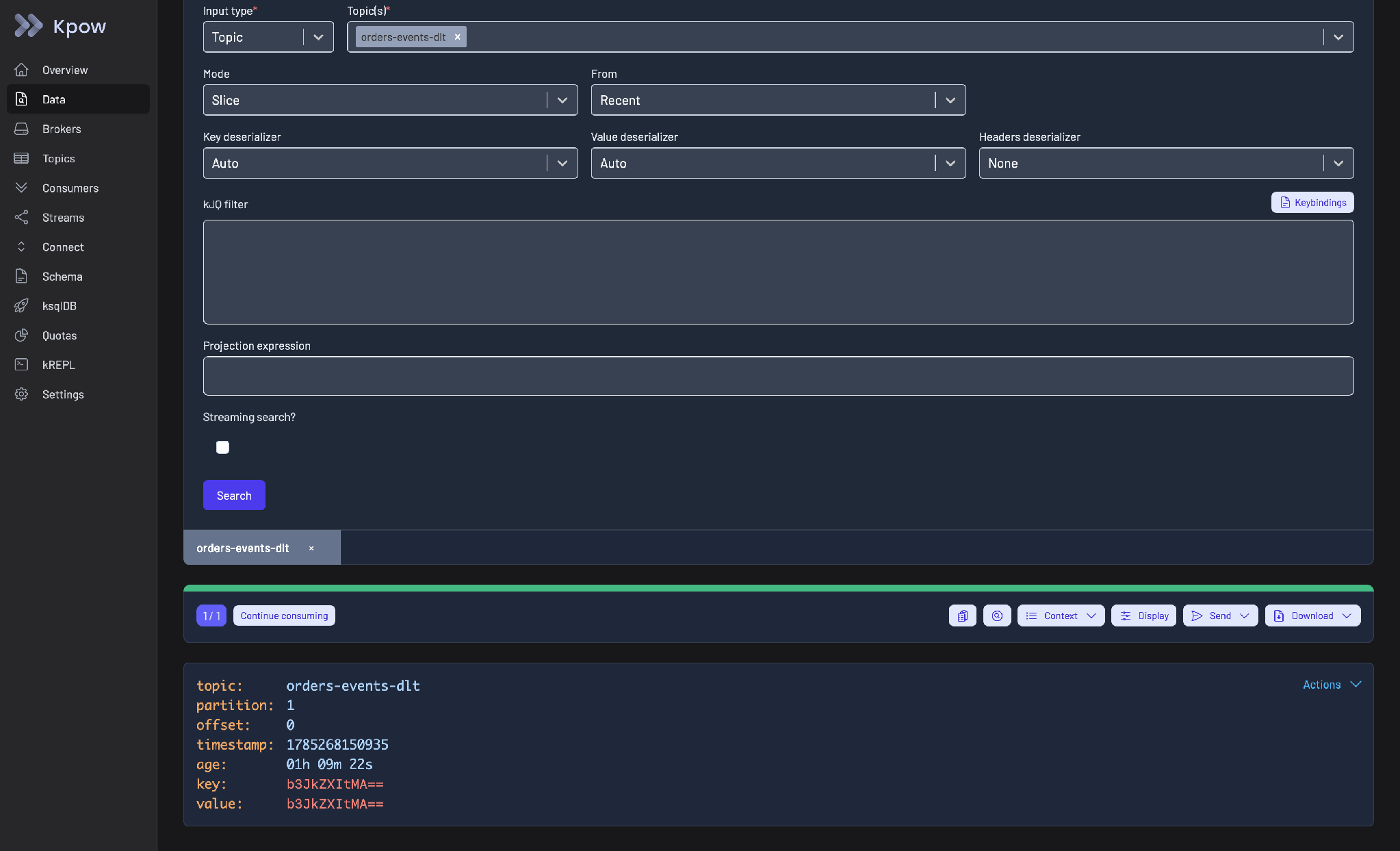 Kpow Data Inspect query on the orders-events-dlt dead letter topic, with one result showing its partition, offset, timestamp, key and value