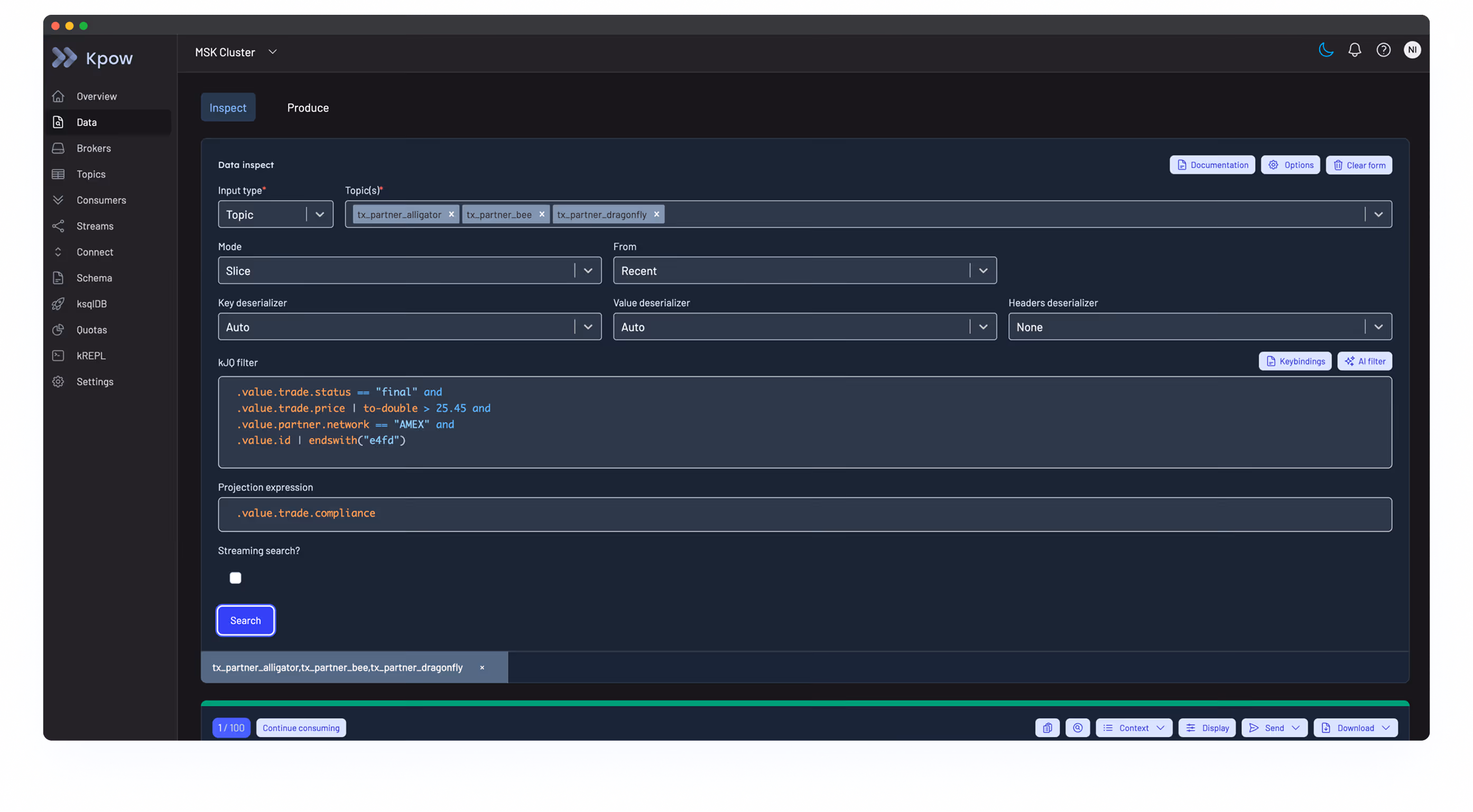 Kpow inspecting Kafka topics and messages across a financial services platform
