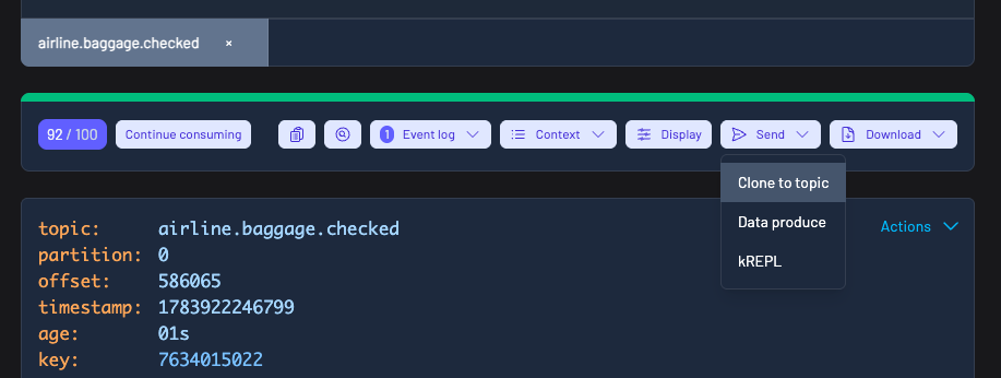 Bulk clone to topic action in the Data Inspect results toolbar