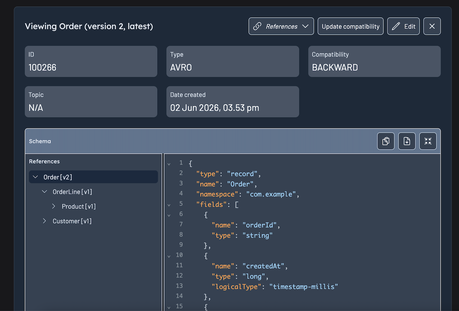 Inline, nested view of schema references expanded in the Schema Registry